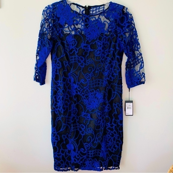 Adrianna Papell Dresses & Skirts - Adrianna Papell Juliet Lace Pleated Sheath Dress Blue Black Size 10P NWT